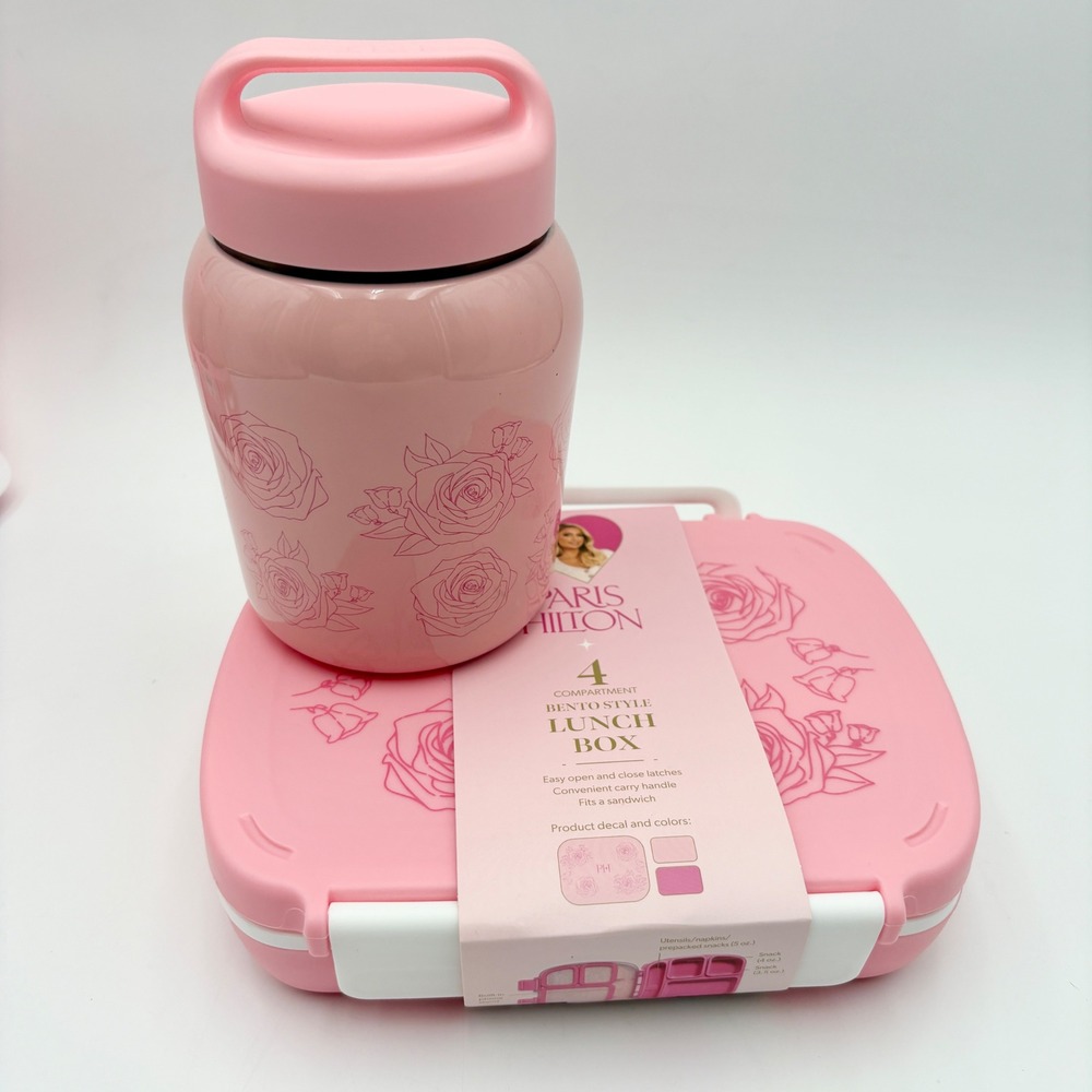 Paris Hilton Lunch Box and Food Jar Set Bento Style 4 Compartment Pink